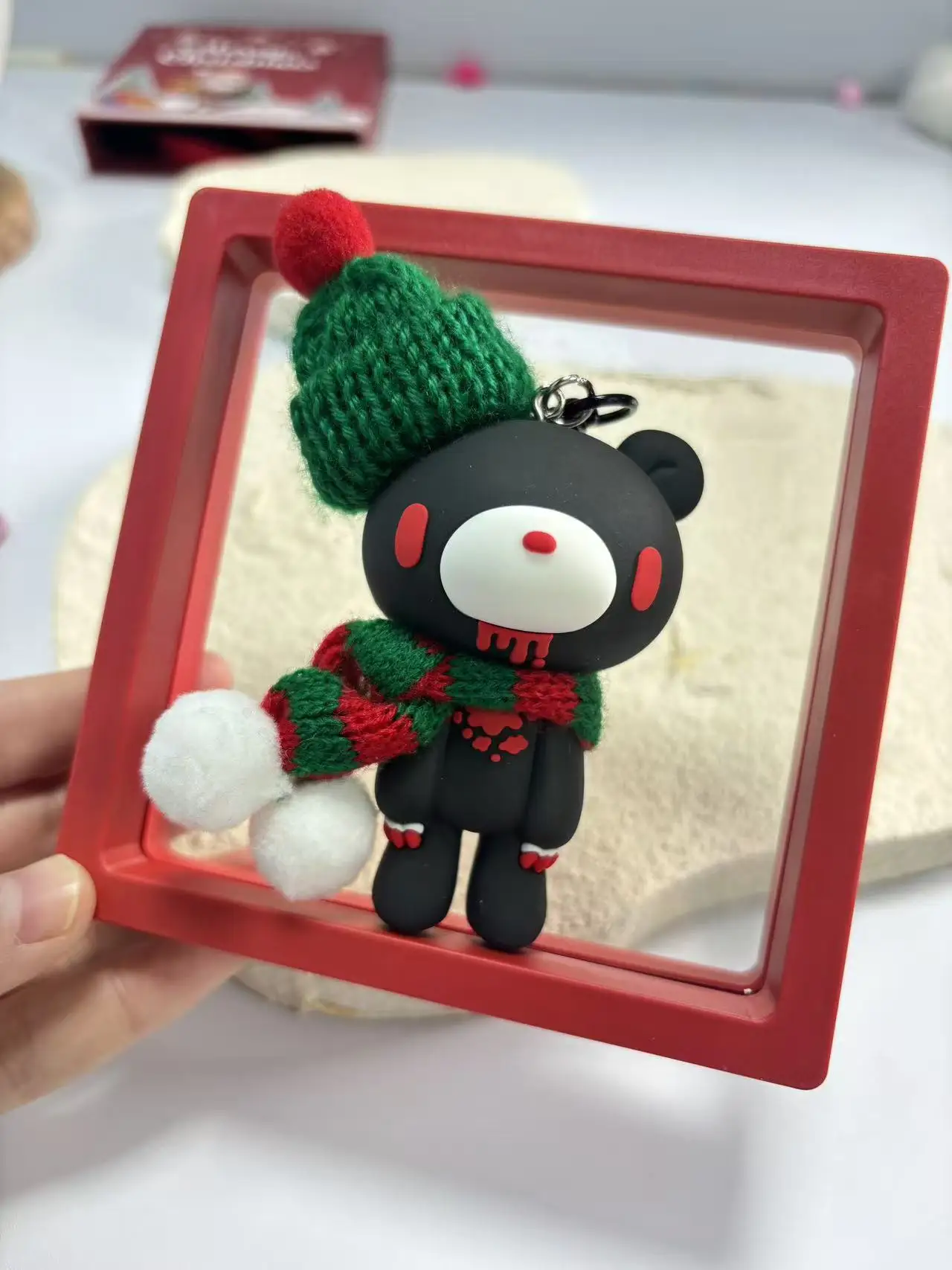 Christmas Bloody Bear Keychain-Pink&Black Dual-Tone with Knitted Hat Scarf,Creative Cartoon Pendant,Bag Car Key Accessory,Gift.