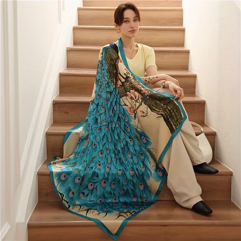 90*90cm lenços hijab moda feminina pavão padrão impressão cachecol feminino xales quadrados cabeça senhoras bandanna foulard silenciador menina