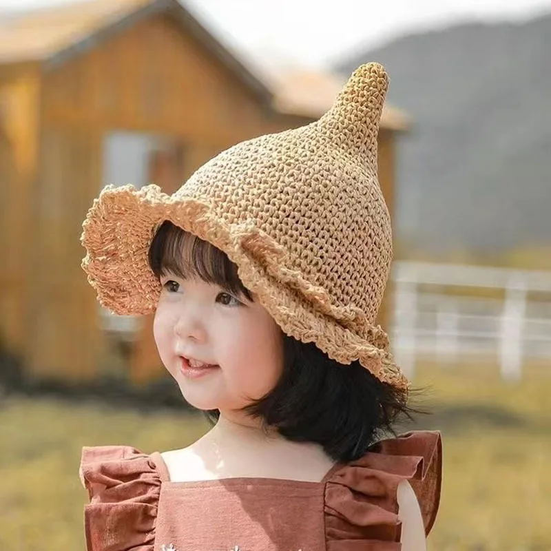 Summer Children's Lace Pointed Children's Straw Hat Baby Elf Hats for Boys and Girls Nipple Straw Brimmed Wizard Hat