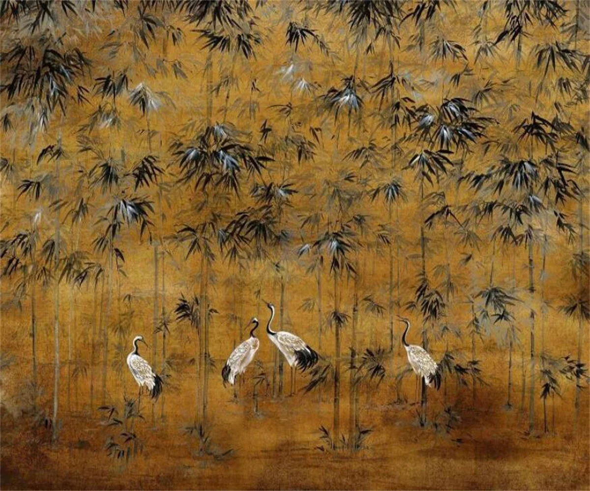 Custom Wallpaper Bamboo Forest Crane Retro Style Oil Painting Bamboo Wallpaper Chinese Wall Paper Home Decoration 3D Wallpaper