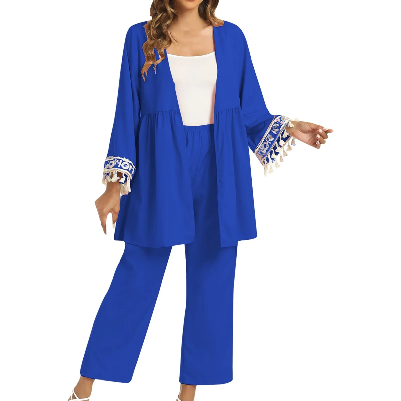 

Women Eid Muslim Sets Two Pieces Morocco Ramadan Drawstring Ensemble Kaftan Button Blouses Wide Leg Pants Sporty Pockets