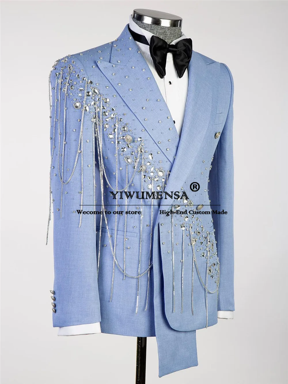 Elegance Blue Suits Men Handmade Jewelry Beaded Jacket Pants 2 Pieces Groom Tuxedos For Wedding Man Business Prom Blazer Sets