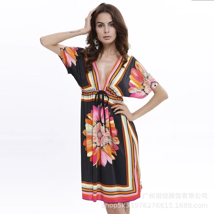 Beach Printing Short Sleeve V-Neck Women's Dress Large Size Bohemian Summer Dress for Women Slim Lace-up Mini Dress  Vestidos