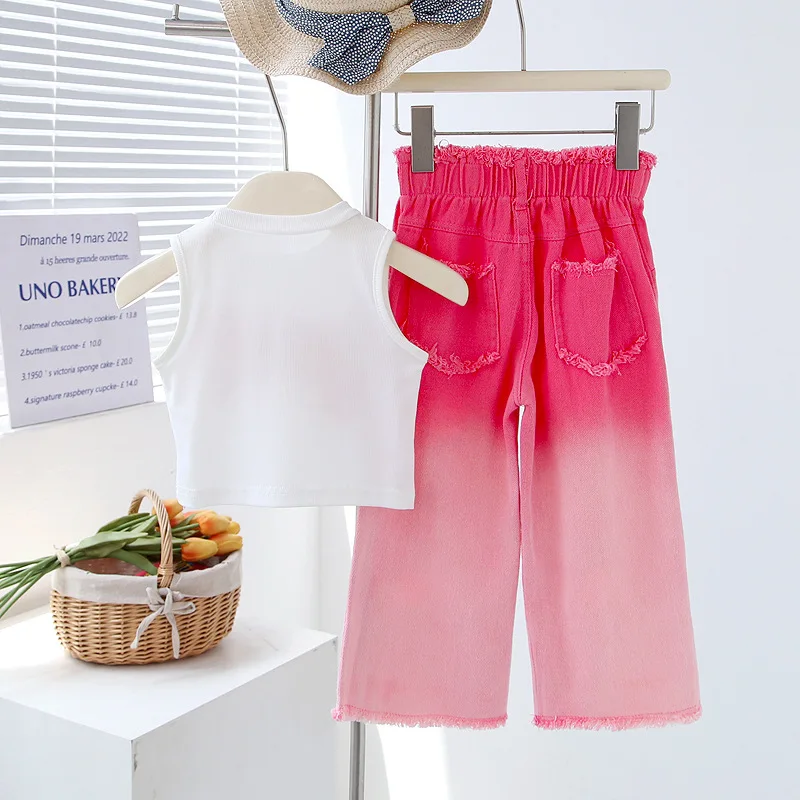 New Spring Summer Girls Clothing Set Sleeveless Bow Embroidery Shirt +Butterfly Decoration Gradient Ripped Denim Jeans 2Pcs Suit