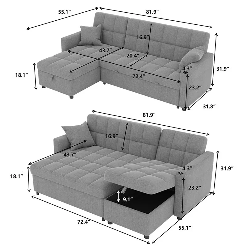 Folding Sofa Couch Bed Convertible Sleeper Sofa L Shape Storage Couch Sofa Bed