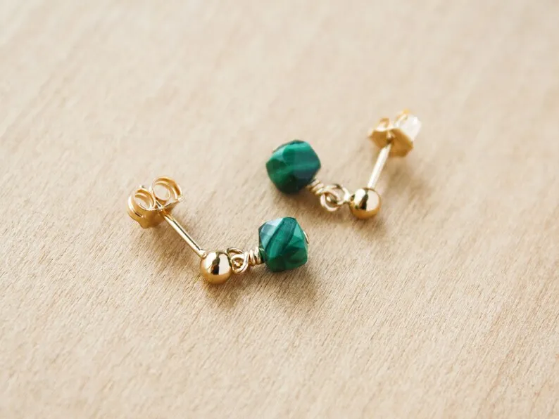 Malachite Stud Earrings Gold . Square Cube Stud Earrings Gold Filled . Green Stone Earrings Dangle NEW