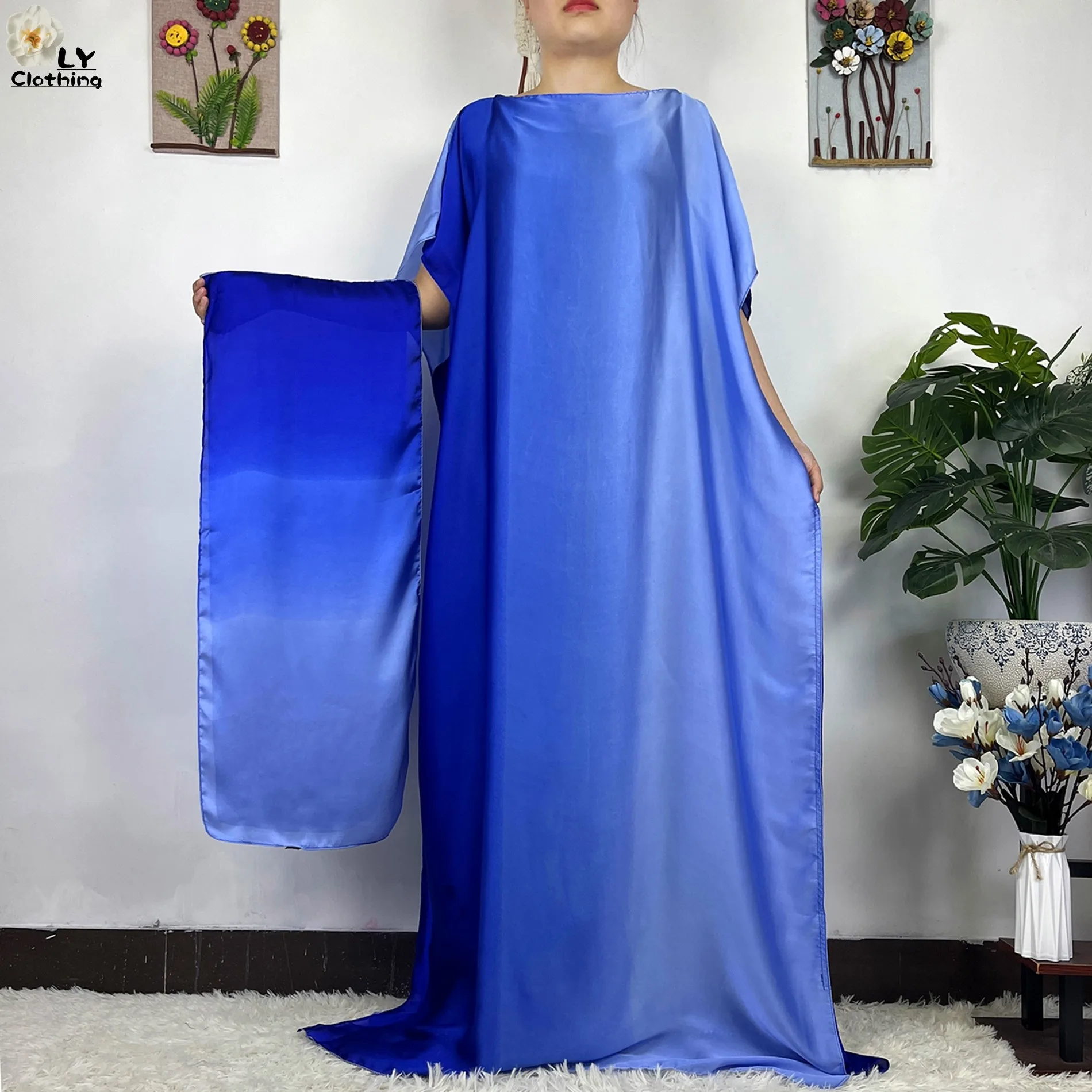 2023 New African Fashion Short Sleeve Colored Pattern Dubai Women Summer Real Silk Soft Printing Loose Tradition Muslim Dress
