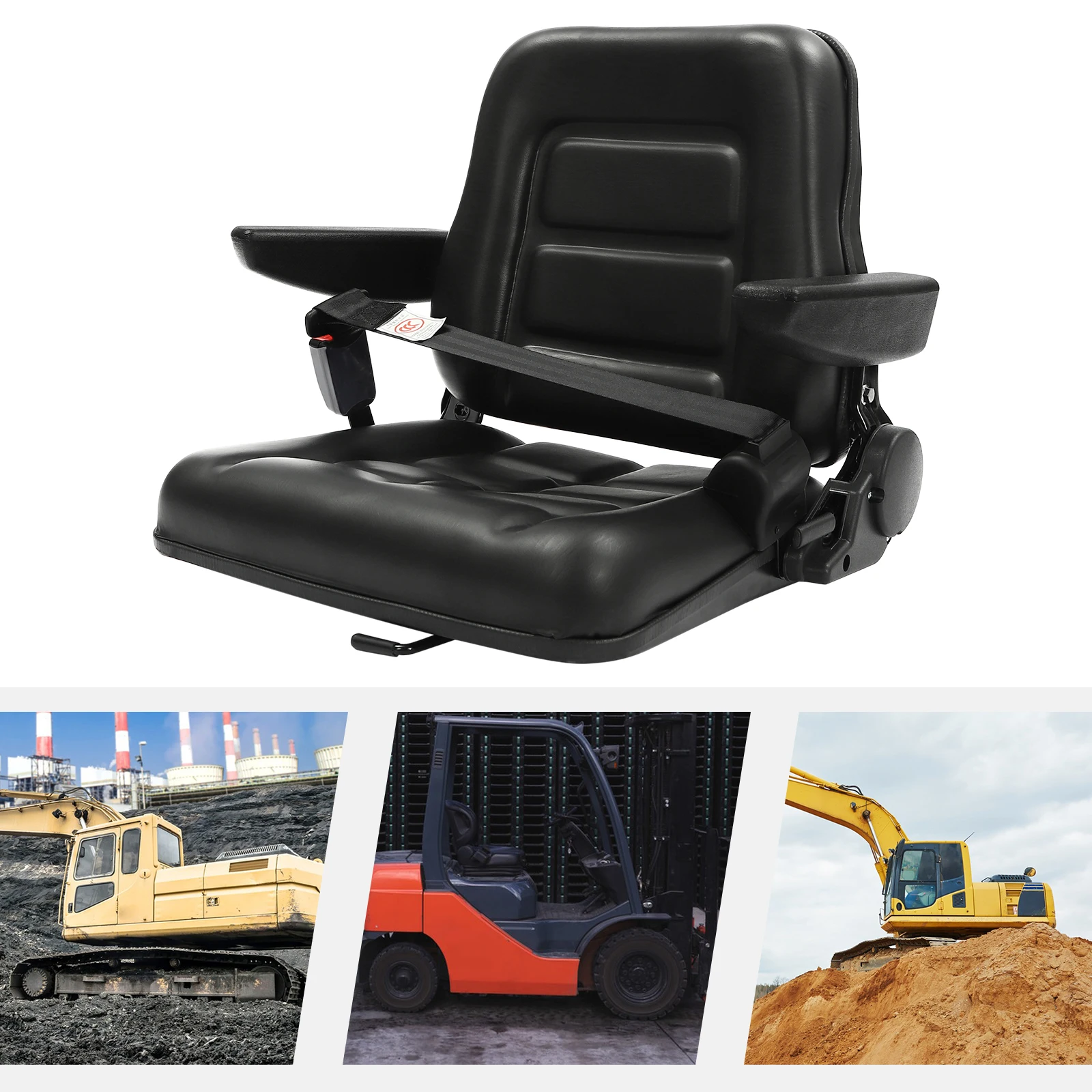 

Universal Forklift Seat with Auto Safety Belt and Armrests Industrial PVC Construction Garden Tractor Seat 18.5*16.54*18.9 inch