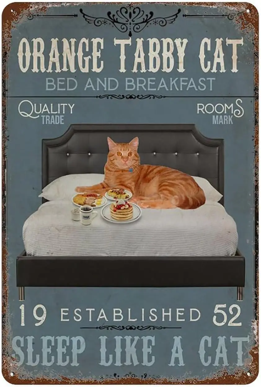 Vintage Tin Sign Orange Tabby Cat - Bed And Breakfast Sleep Like A Cat Vertical Metal Tin Sign Wall Art Decor Farmhouse Home Rus