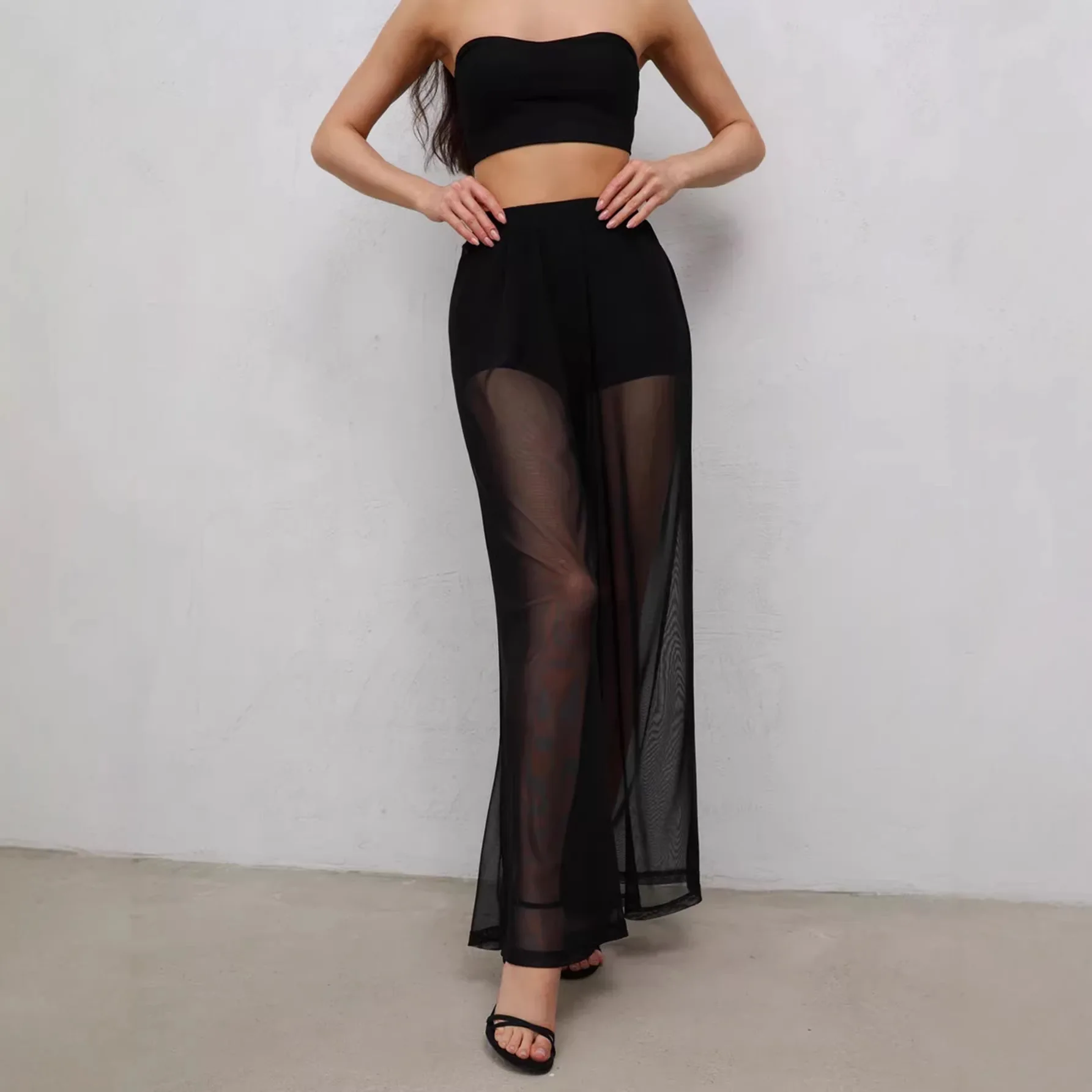 Women's High Waist Sheer Mesh Wide Leg Pants - Summer Sexy See-Through Casual Beach Trousers, Solid Color Loose Fit
