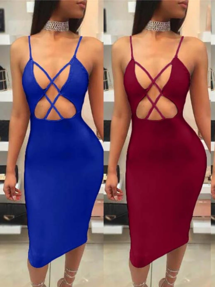 

Sexy Cross Bandage Wrap Chest Hollow Out Elastic Slim Bodycon Dress Women Sleeveless Backless Skinny Evening Dress Club Party