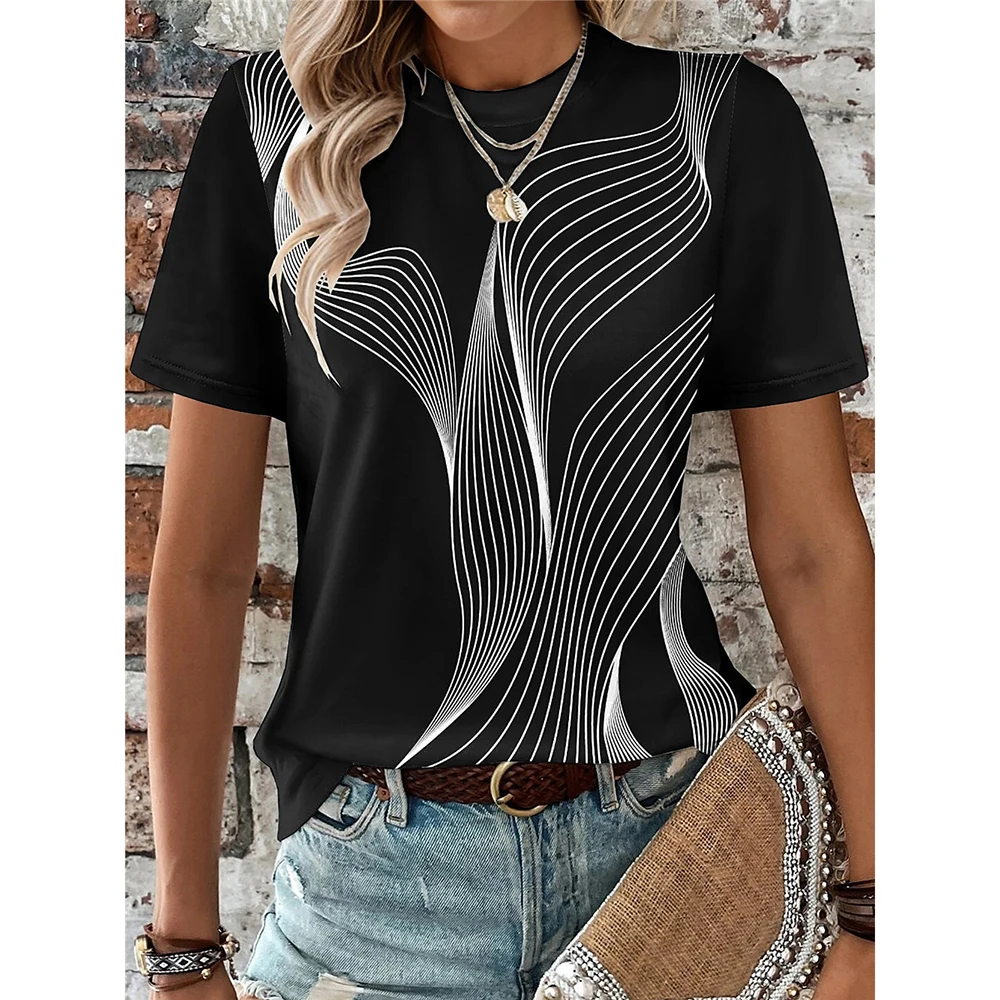 

Women's T-Shirt 3d Stripe Line Printed T Shirt For Women Funny O Neck Short Sleeve Pullover Geometry Pattern Female Clothing