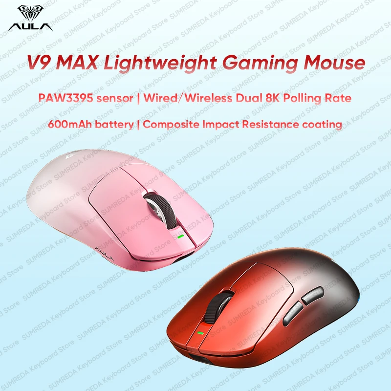 AULA V9 MAX Wireless Gaming Mouse PAW3395 8K Return Rate Bluetooth 2.4G Wired RGB Lightweight Office Gaming Mouse For PC Laptop