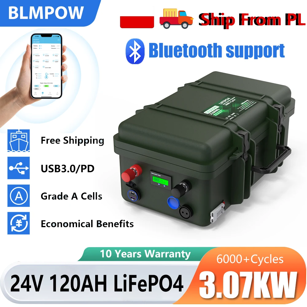 LiFePO4 24V 100AH 120AH 150AH Battery Pack 25.6V Lithium Battery 6000+ Cycles With Bluetooth BMS Grand A Cell For Boat RV NO TAX