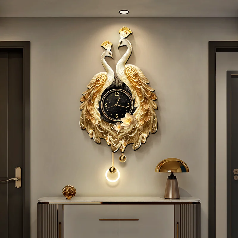 

Modern Peacock Wall Clock LED Light Mute Watch Living Room Bedroom Luxury Decor Clock 3D Gold Peacock Design Room Decoration