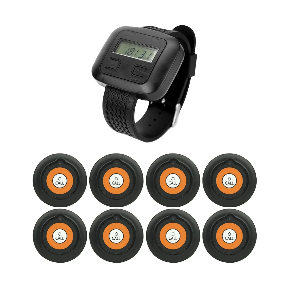 

CTW02 1Pcs Wrist Watch Pager 8 Pcs CTT19 Call Button Transmitters Wireless Calling System Service for Restaurant Hotel Cafe Bar