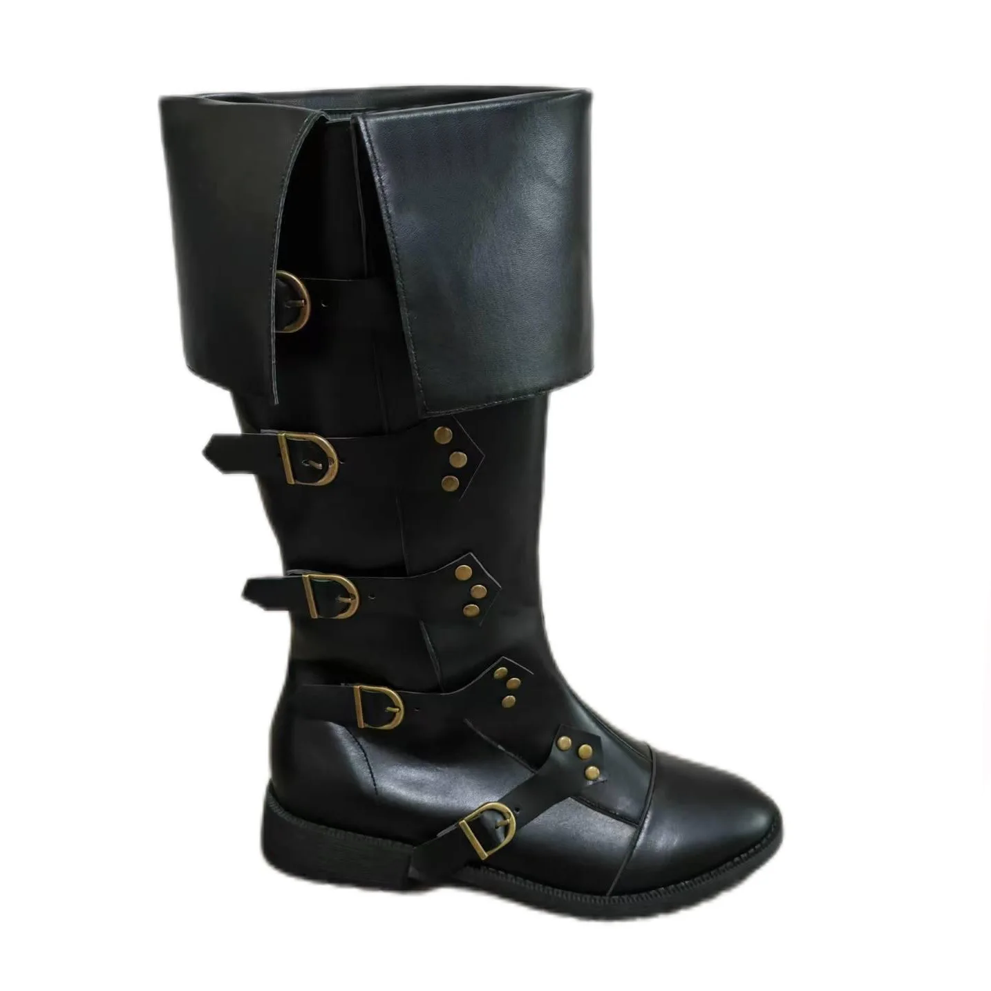 Unisex Vintage Piratenstiefel mit Manschette, vier Schnallen, kniehoch, Steampunk, Halloween, Karneval, Cosplay, Bühnenkostüm, Schuhwerk – Detail 4