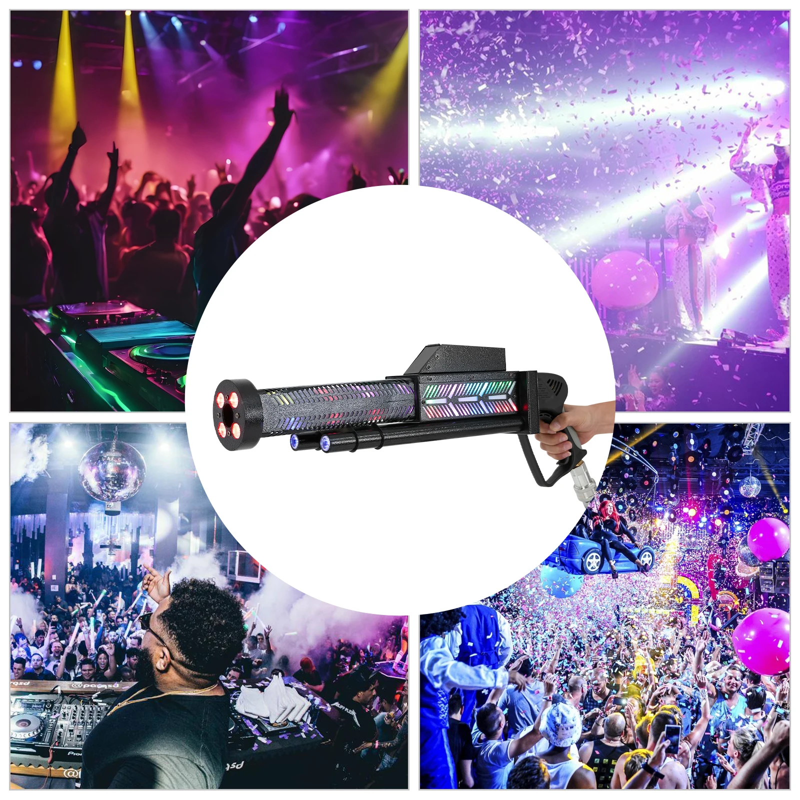 

Gatling CO2 Fog Machine LED RGB Light Handheld Smoke Cannon 6-7m Spray Distance Stage Atmosphere Effect Fogger for Party Wedding DJ Event