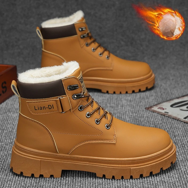 

Зимние мужские терморабочие ботинки, кожаная повседневная обувь с высоким берцем на плюшевой подкладке, нескользящие теплые удобные зимние ботильоны в британском стиле