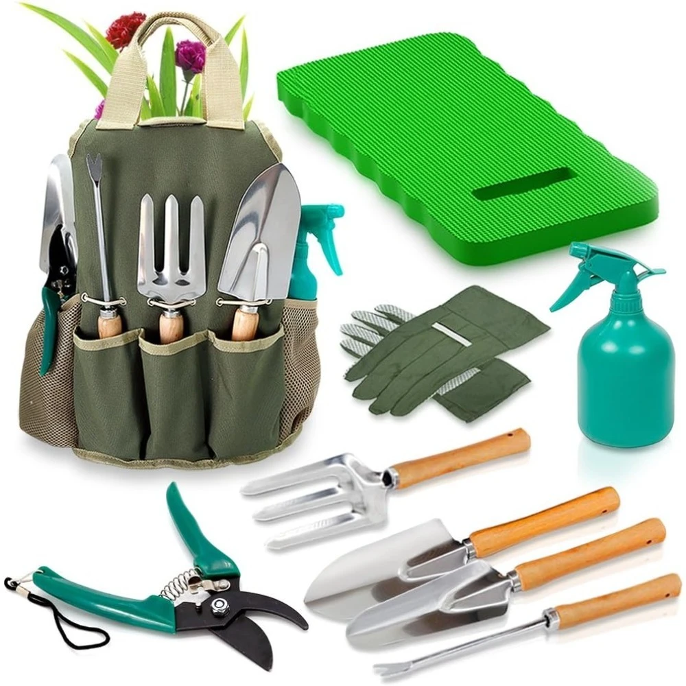

US Shipping Premium Gardening Tool Set for Women 10 PCS Stainless Steel with Tote Bag Kneeling Pad Shears Gloves Rake Trowel