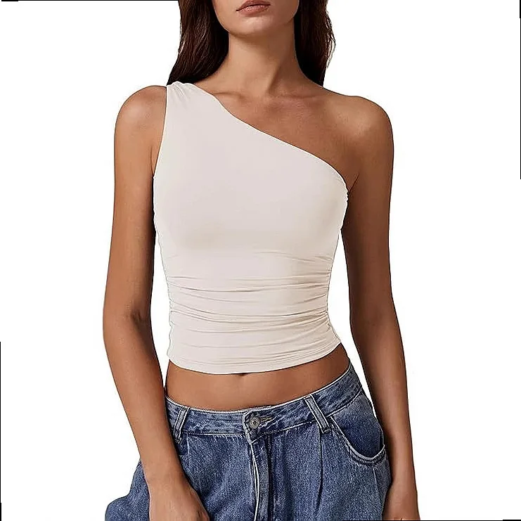 2025 Summer Women Sleeveless One Shoulder Solid Fitted Sexy Crop Top Tee Blouse Tops