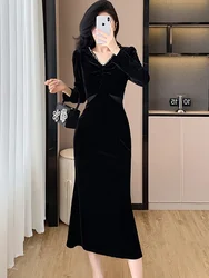 Autumn Winter Black Velvet Pleated Diamonds V-Neck Long Dress Women Luxury Dance Party Dress 2026 Korean Vintage Elegant Dresses