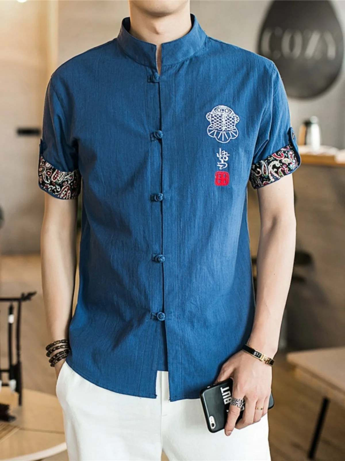 

Летняя льняная рубашка для мужчин, хлопково-льняная, в китайском стиле, ретро, с пуговицами, воротником-стойкой, вышивкой, в стиле тан...