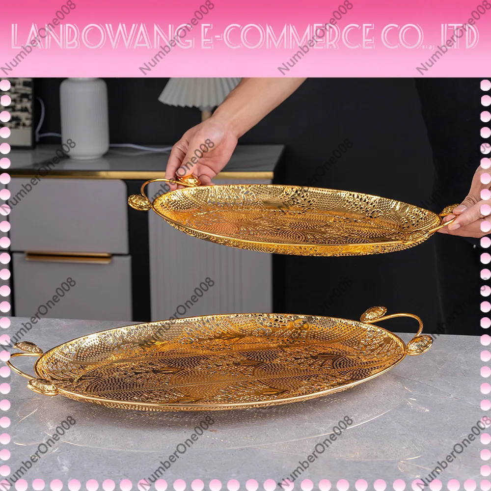 Gold Hollow Long Oval Tray Fruit Snack Storage Plate Hotel KTV Restaurant Candy Serving Dish Gift