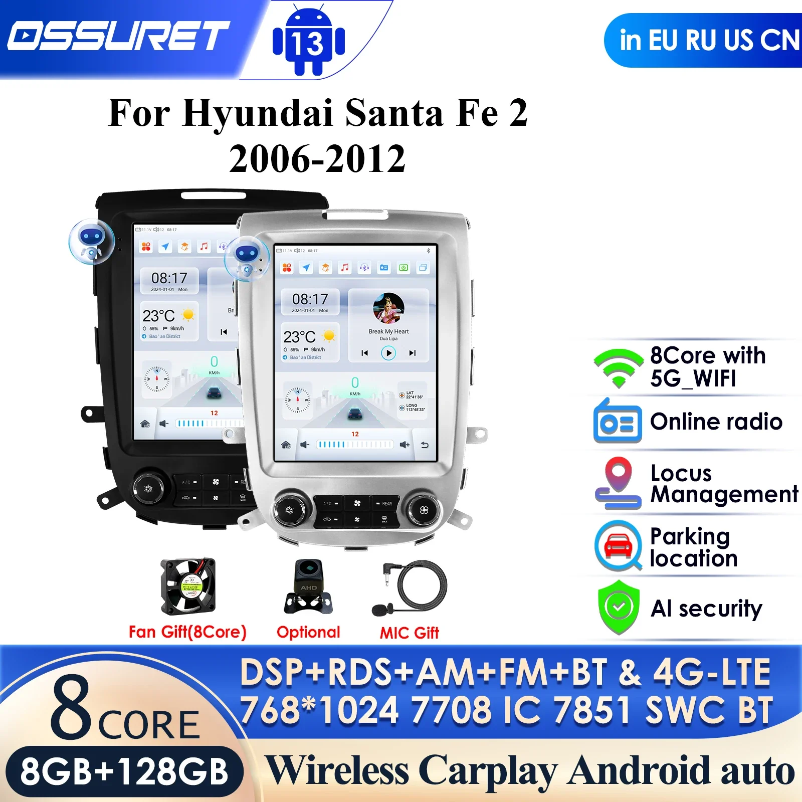 

Автомобильное стерео радио Ossuret Android 13 Carplay для Hyundai Santa Fe 2 2006-2012 мультимедийный плеер навигация GPS 2 Din 4G аудио DVD