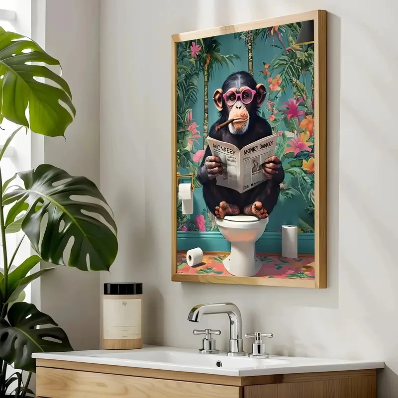 Modern Art Interesting Orangutans Reading Newspapers on The Toilet Wall Art Canvas Paintings Bedroom Living Room Wall Home Decor - Image 3