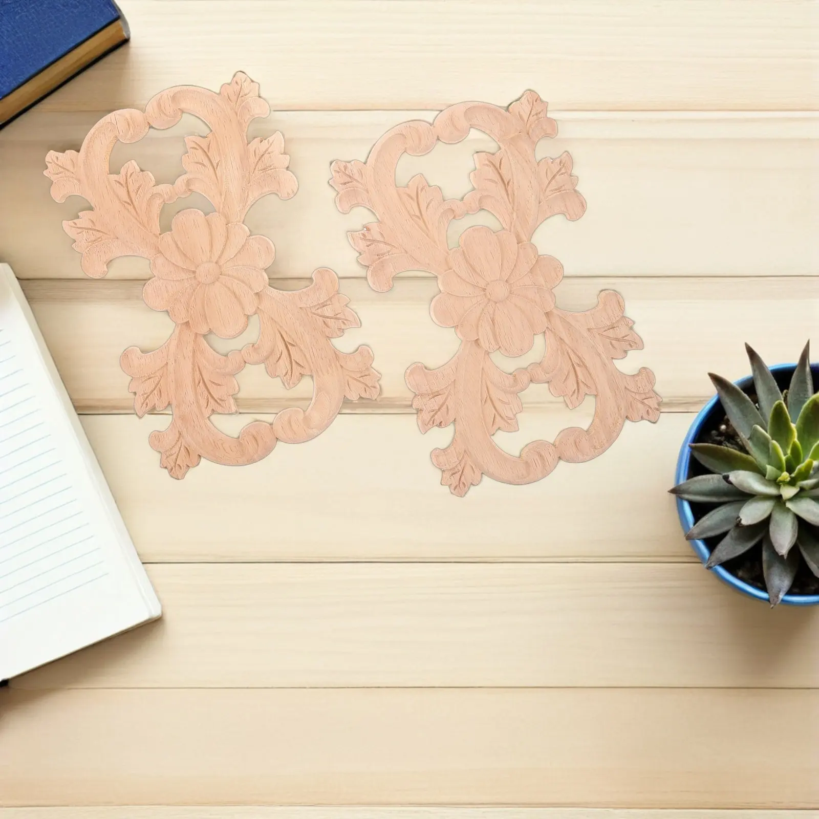 

2pcs Appliques Onlays: Unpainted Solid Wood Carved Decorative Corner Flower Appliques For Furniture Wall Cabinet Door Diy