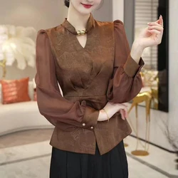 Women Clothing Stylish Vintage Ruched Slim Blouses Office Lady Elegant Temperament Commute Shirts Solid V Neck Long Sleeve Tops