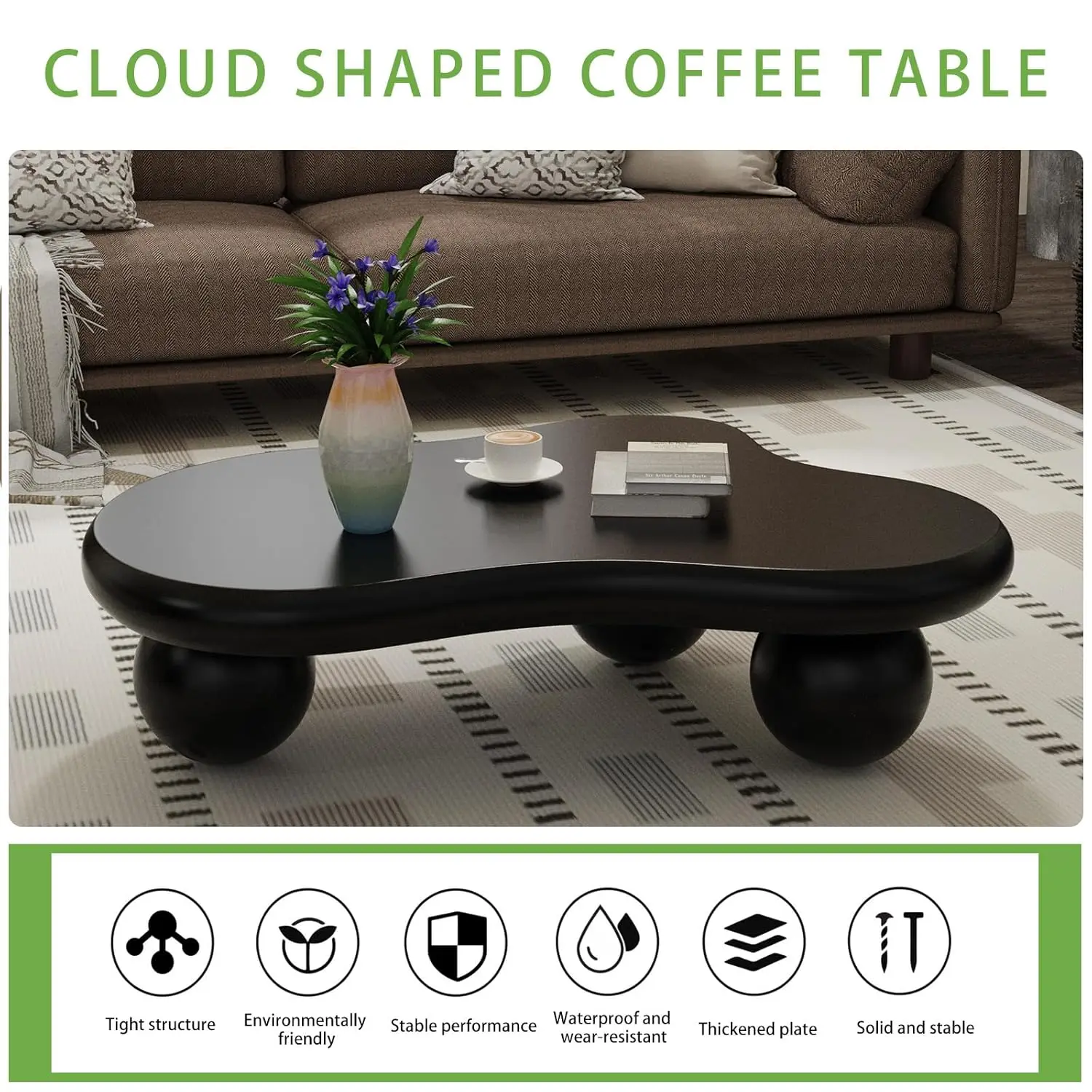 Black Cloud Coffee Table Modern Unique Coffee Table For Living Room Irregular Asymmetrical Center Table For Farmhouse