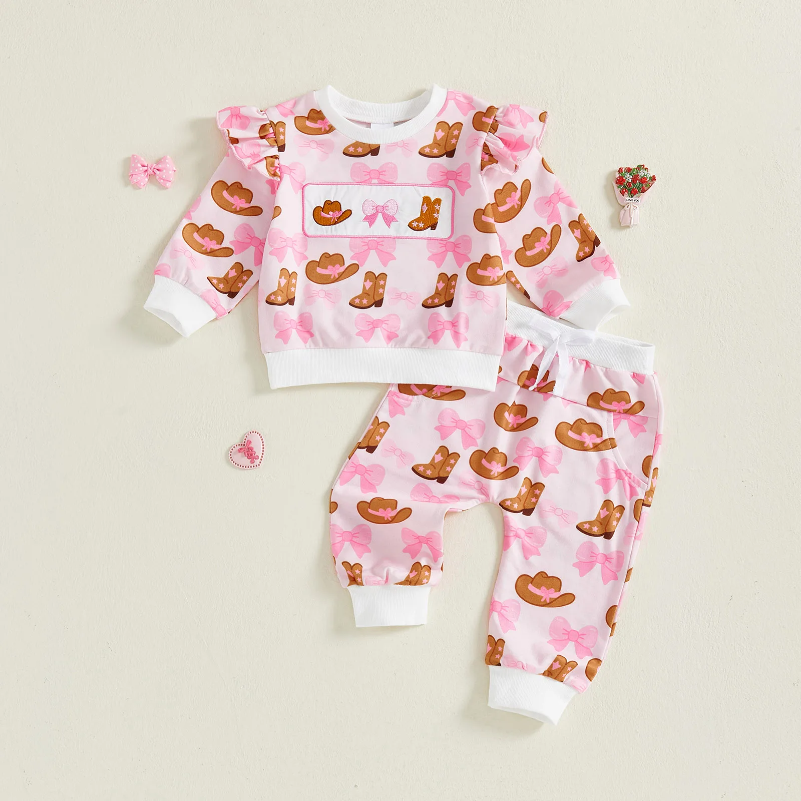 FOCUSNORM 0-3Y جميل طفل الفتيات الخريف الملابس الغربية مجموعات التمهيد البقرة قبعة طباعة طويلة الأكمام البلوز البلوز مرونة الخصر بانت