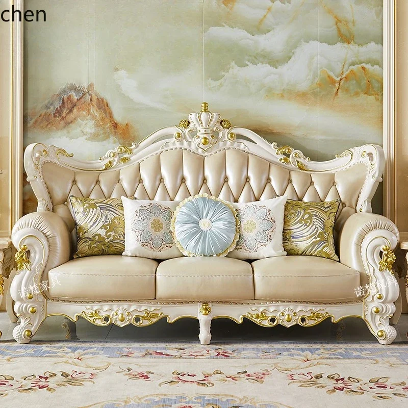 L31 Leather Sofa Combination, All Solid Wood Pearl White Double-sided Crown Engraved Living Room Luxury Whole House Furniture