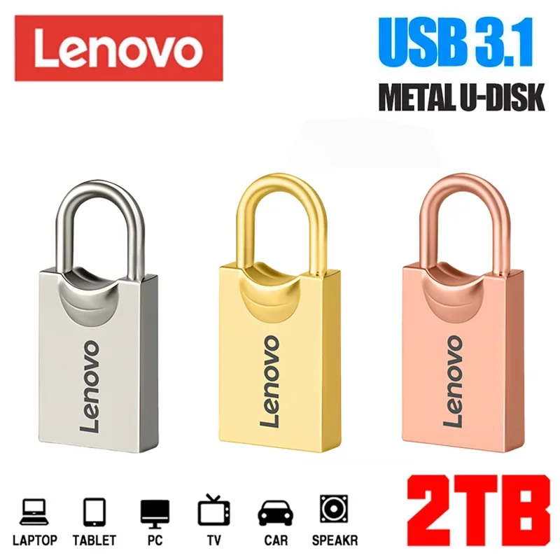 Lenovo-Mini clé USB en métal haute vitesse, clé USB, clé USB argentée, stockage externe doré, disque U, 1 To, 2 To, 128 Go