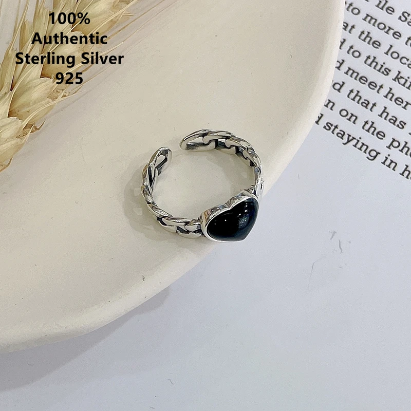 

Sterling Silver 반지 Anillos Black Glue Love Heart Tank Chain Opening Anillo Antiestres Crystal De Plata 925 Para Mujer Ring 2022