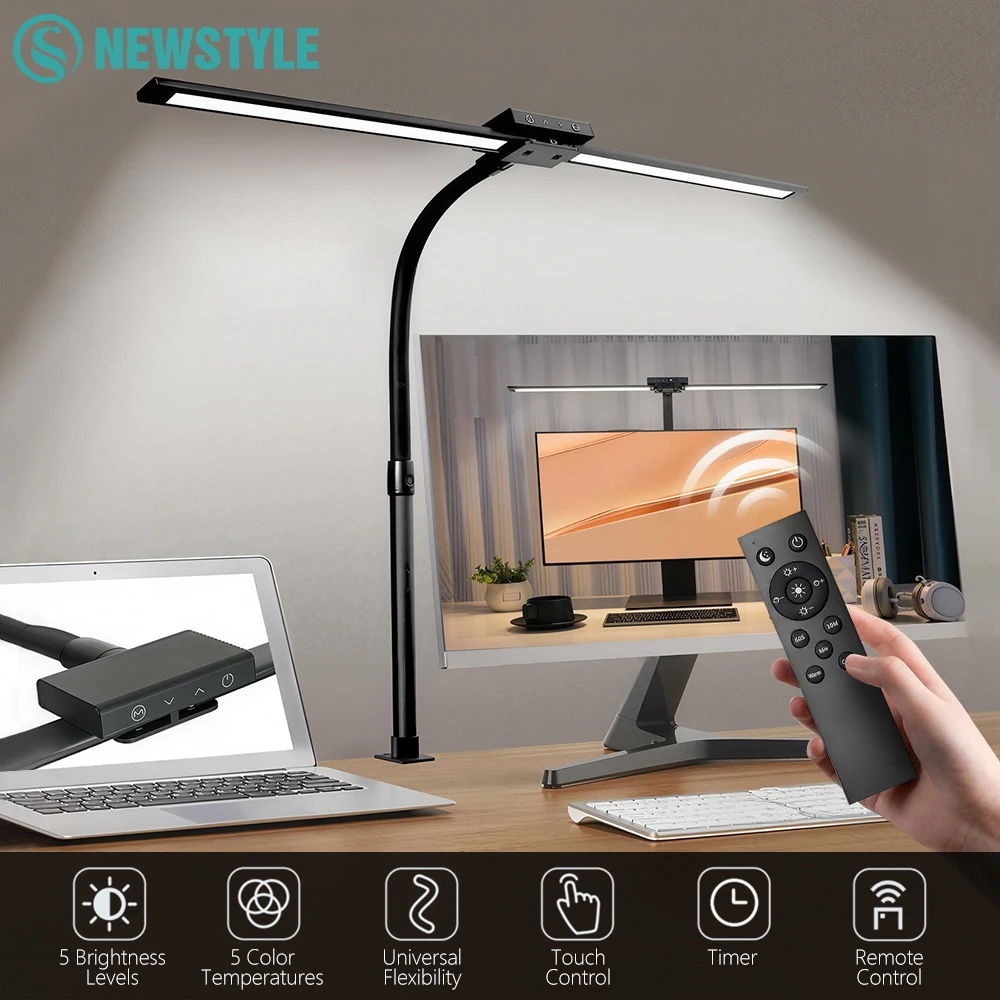 オフィスホームledデスクランプ、目に優しいアーキテクトランプ（クランプ付き）、24w、5色、デュアルスクリーンコンピューターモニター用グースネックスマートライト