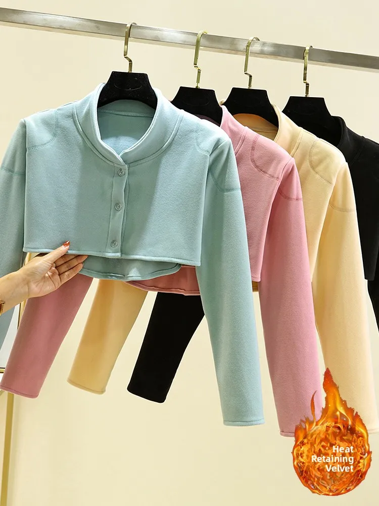 Warmth Velvet Scarf Women's Long Sleeve Stand Collar Slim Fit Top Winter Fashion Inner Wear Shoulder Neck Protection Coat