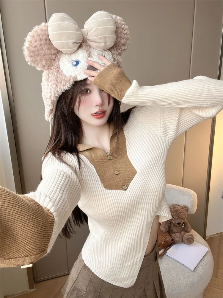 Women's Autumn Slim Fit French Colorblock Polo Sweater Slimming Bodycon Design with French Ombre Color Blocking