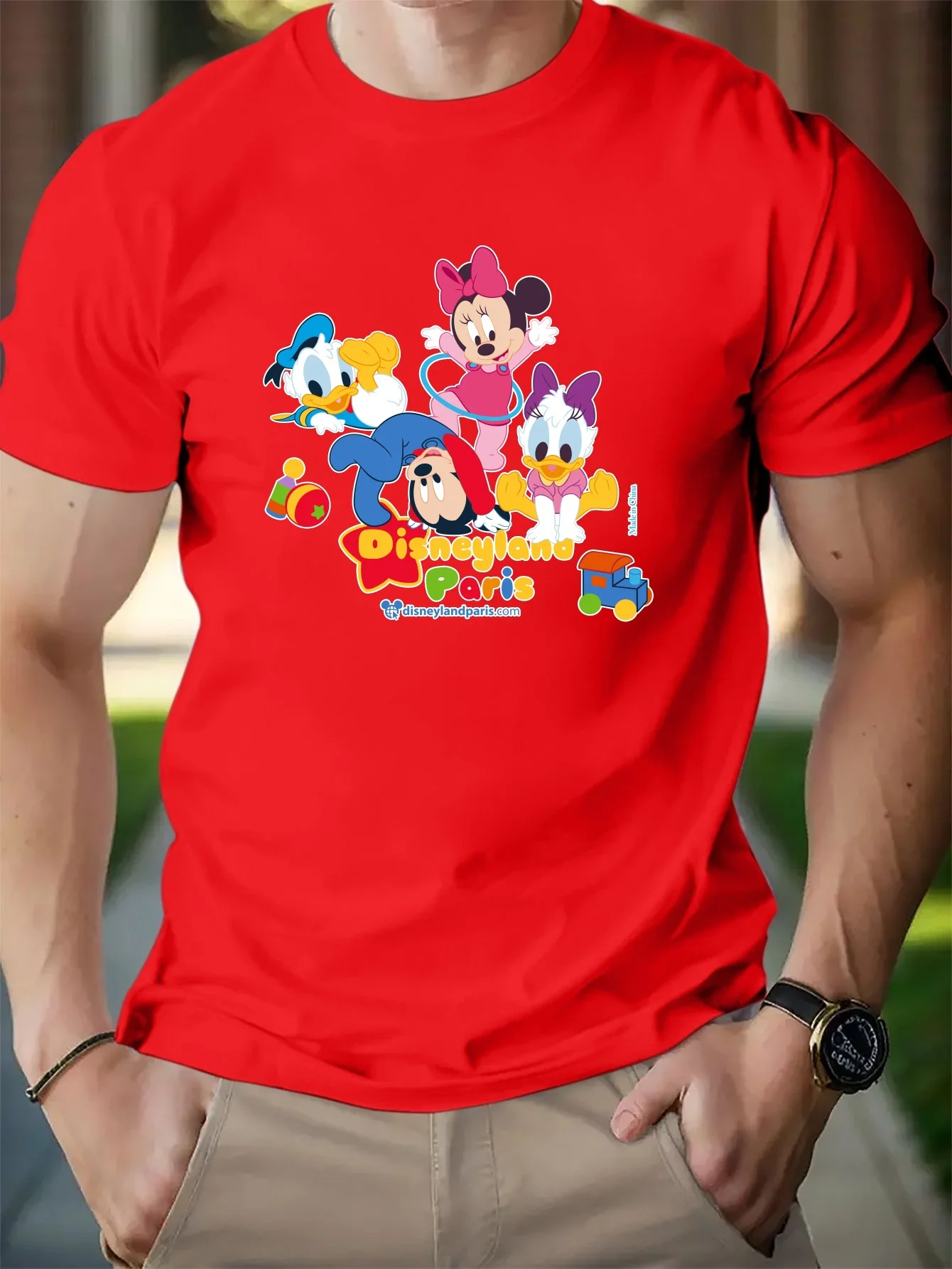 Disney T-Shirts Men\'s Casual Cartoon Babies Mickey And Friends Disneyland Paris  Regular Fit Knitted Short Sleeve Slight Stretch