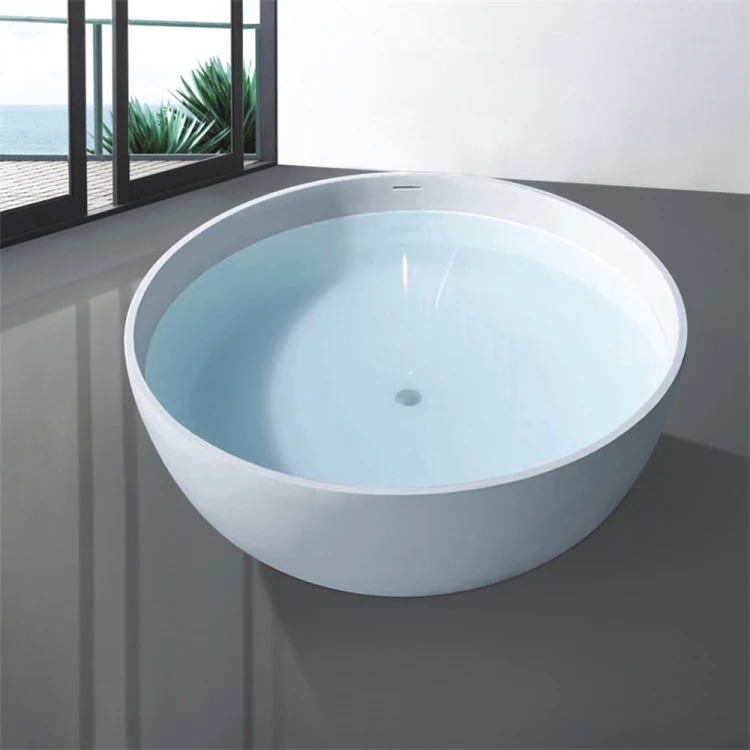 Modern Style White Acrylic Freestanding Bathtub Round Solid Surface with Drainage for Soaking Bathroom Use Portable Eco-Friendly