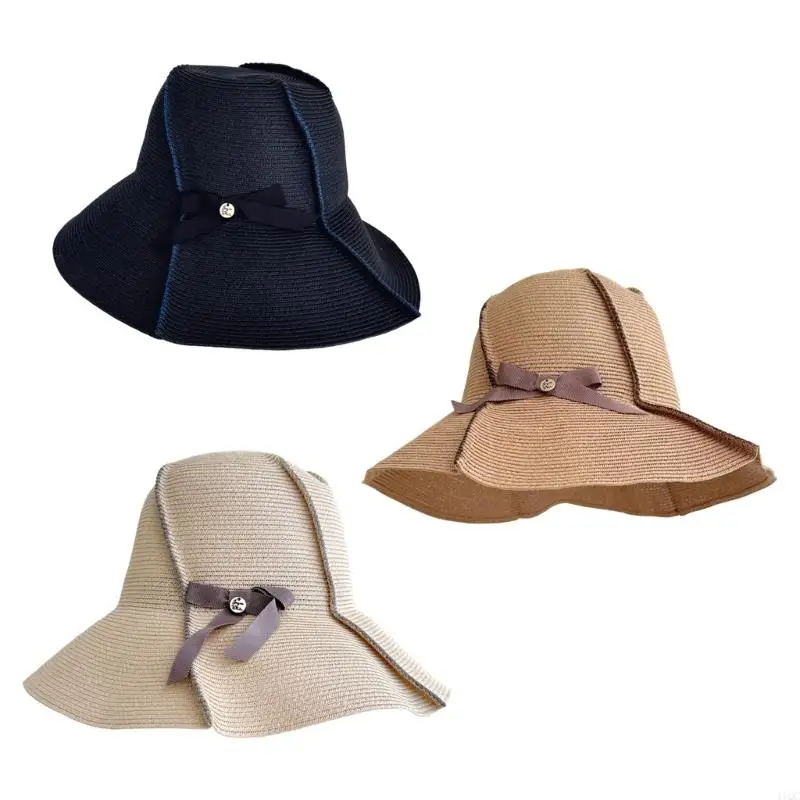 Elegant Bows Decorated Wide Border Sun Hat Foldable Beach Hat for Women with Adjustable Head Size and Sun