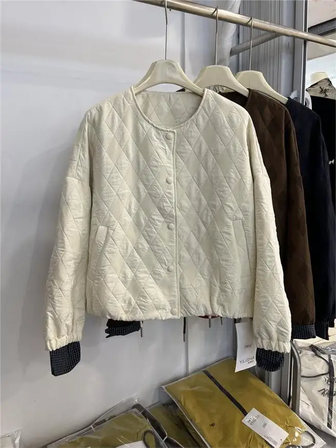 

Женская укороченная куртка в клетку с ромбовидным узором на рукавах, из хлопка, свободного кроя, в стиле бейсбольной куртки, осенняя новинка