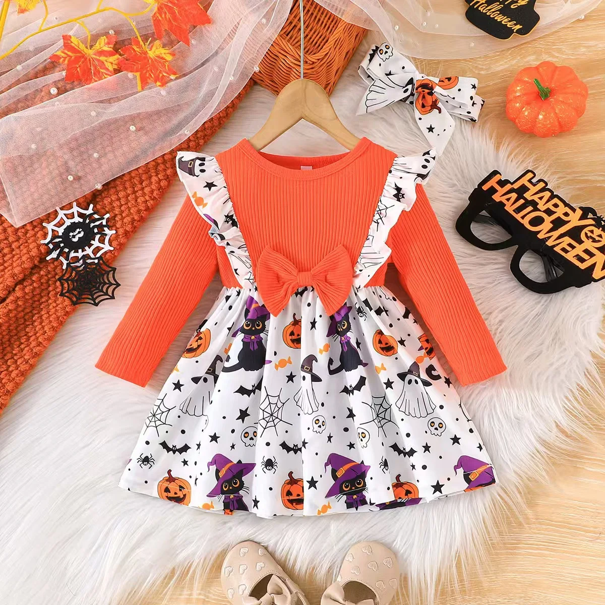 Children's Clothes Round Neck Strip Dress Headscarf 1-3 Year Baby Girl Dress Halloween Autumn Winter Dress