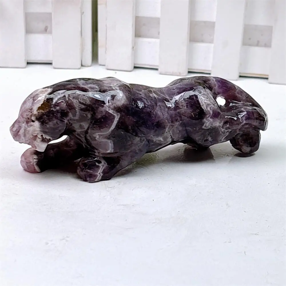 12cm Dream Amethyst Quartz Cheetah Carving  - Polished Natural Healing Stone Home Decor & Animal Craft Gift