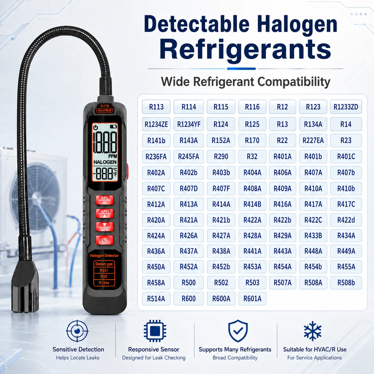 

Halogen Refrigerant Leak Detector with Flexible Probe PPM Display UV Light for R22 R32 R410A HVAC Air Conditioner Car AC Repair