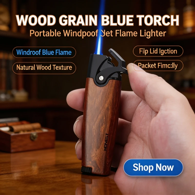HONEST Mini Briquet à Gaz Métallique Coupe-Vent, Flamme Bleue Turbo Jet, Outil Multifonctionnel pour Cigares et Survie, Cadeau Idéal pour Hommes