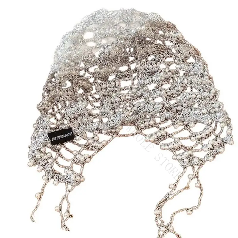 R7UF Beaded Hollowout Hat With Metal Chain 2000s Headcover Hat for Women Party Wear