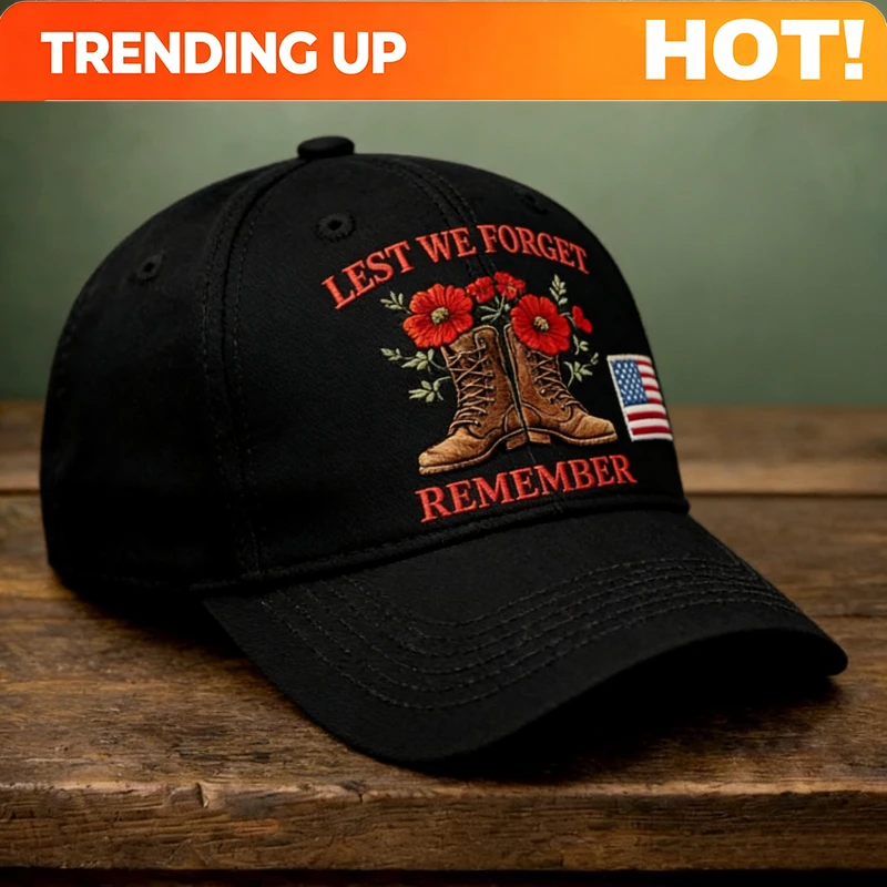 Lest We Forget Remember Adjustable Dad Hat With Combat Boots And Poppy Print Collectible Patriotic Headwear For Honoring
